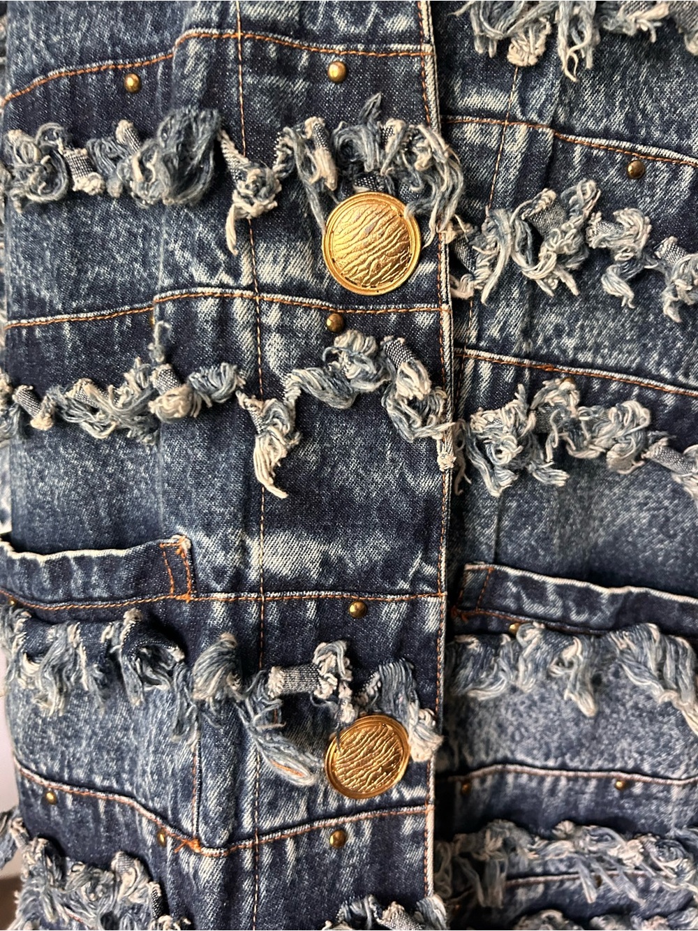 VTG Fringed Studded Denim Jacket in Indigo Blue One Size - Picture 5 of 9